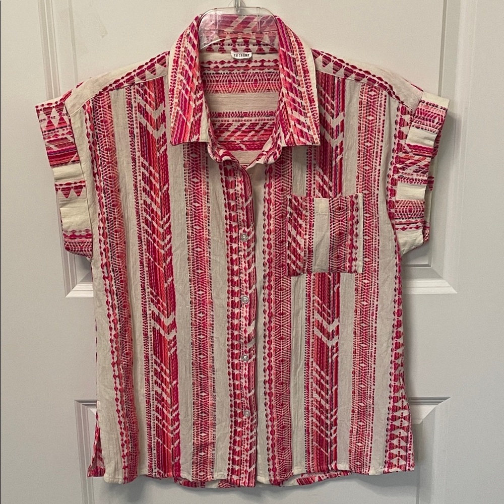 En Crème Embroidered Pink Button Down Shirt Boho